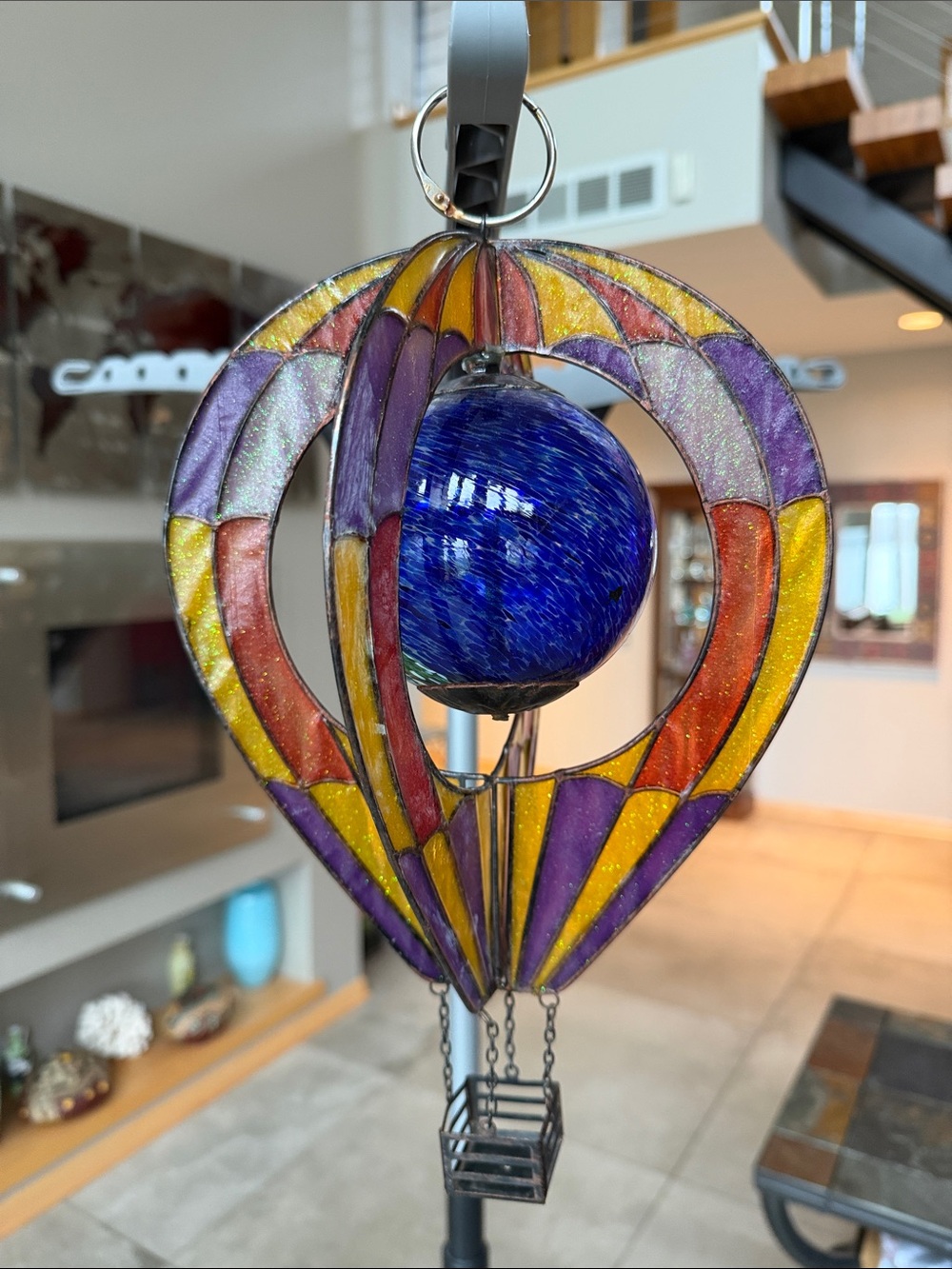 Vintage Stained Glass Hot Air Balloon Hanging Art - Purple, Yellow & Blue - Picture 4 of 10